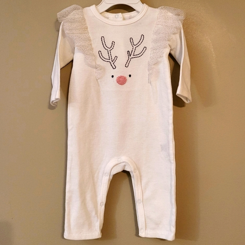 Ivory waffle reindeer face footless sleeper/footie